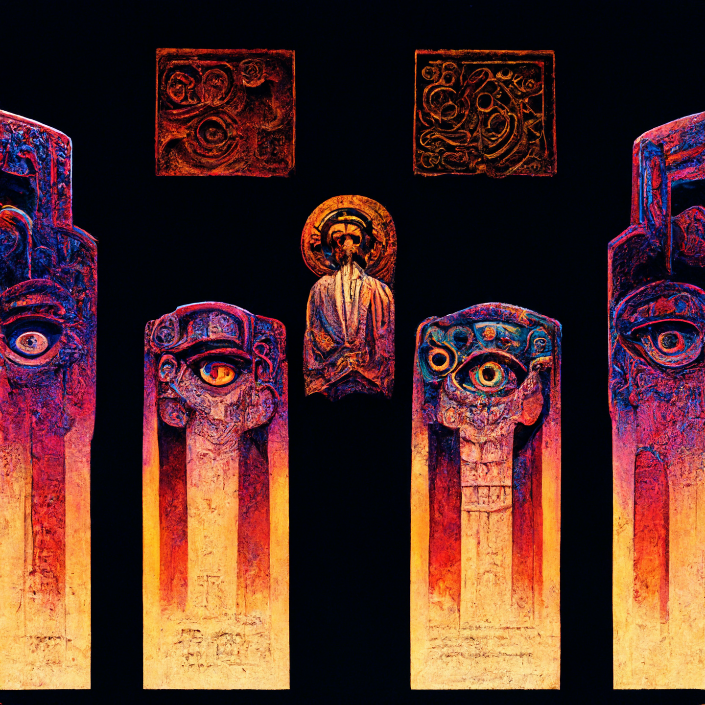 Same shapes as previous, but sort of decayed and mutated looking; eyes in the pillars instead of figures