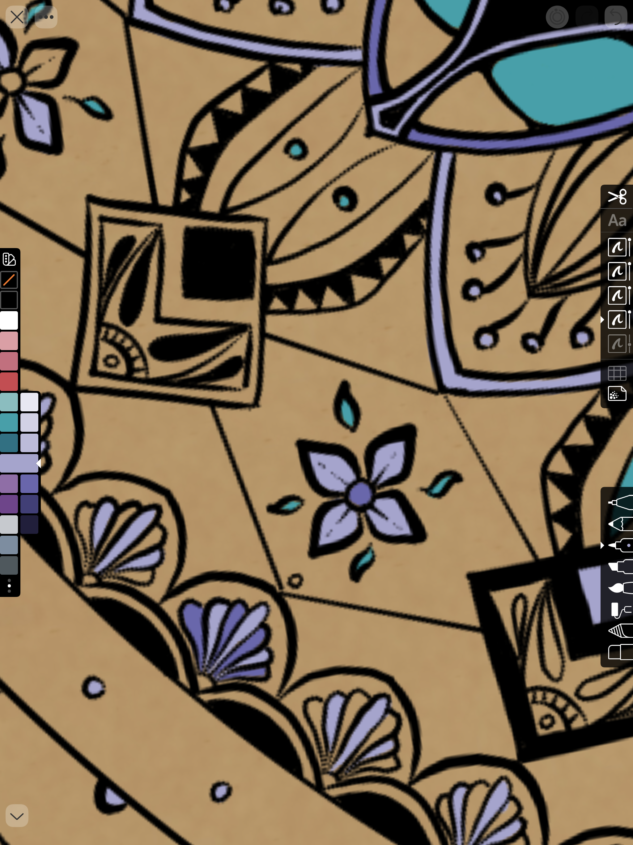 Detail of mandala-style line drawing in progress, with blocks of purple and greenish colors