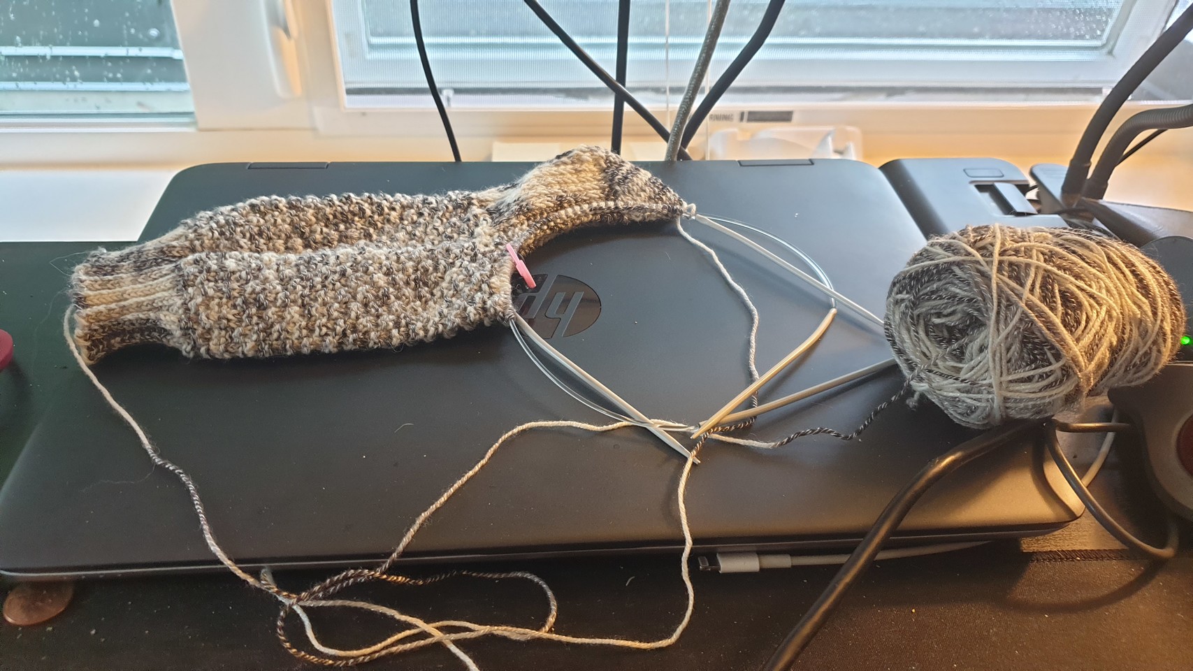 In progress top-down sock, at the gusset