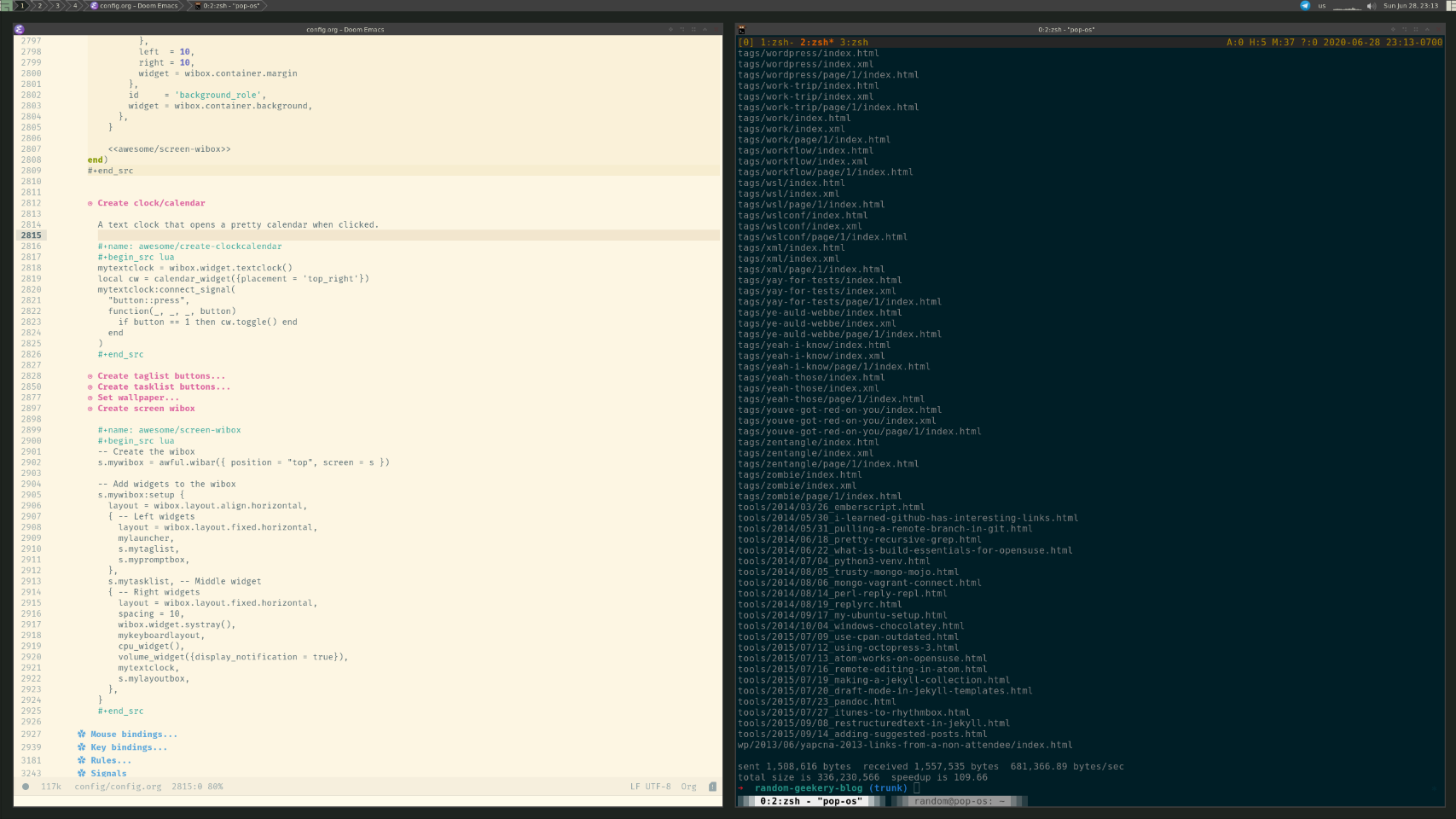 awesomewm screenshot with emacs in one half and a terminal in the other