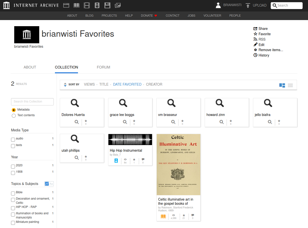 bookmarked searches include Dolores Huerta, Grace Lee Boggs, VM Brasseur, Howard Zinn, Jello Biafra, and Utah Phillips