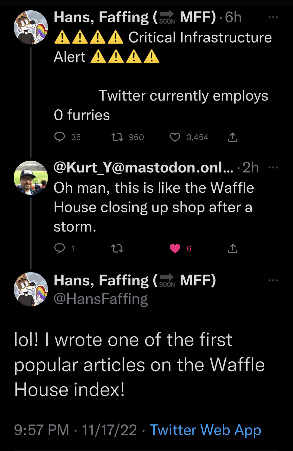 Linked tweet about Twitter infrastructure in danger due to lack of furries in employment, a reply comparing it to Waffle House being closed after a storm, and the original tweeter noting they wrote one of the early popular pieces about the Waffle House Index