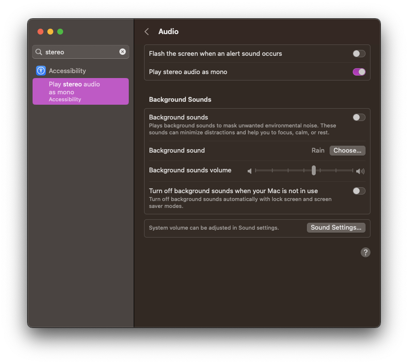 macOS Audio settings with controls for background sounds.