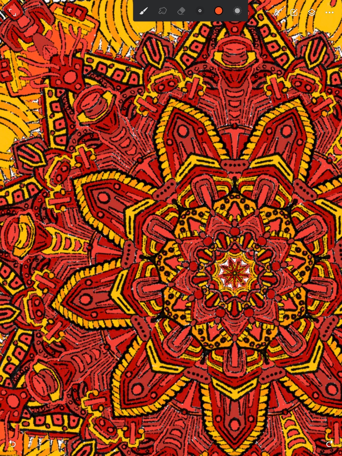 Radial symmetry drawing with lots of red, orange, and yellow