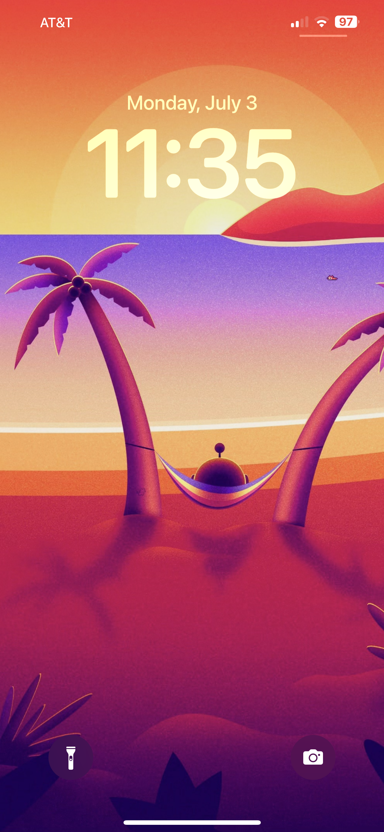 beach scene with Apollo mascot robot looking at the sunset from a hammock held between palm trees