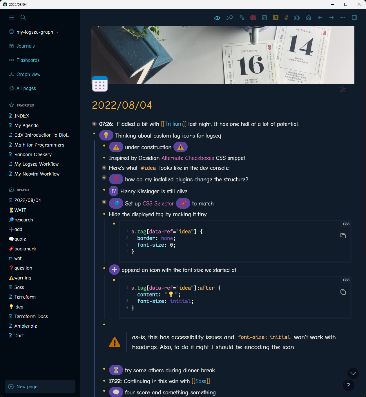 Logseq page with many emoji links, and sidebar showing the tags those emoji link to