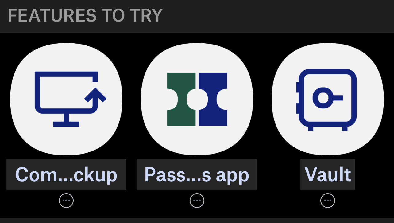 From screenshot of Dropbox iOS app, “Features To Try”, with suggestions unhelpfully shortened: “Com…ckup”, “Pass…s app”, and “Vault”