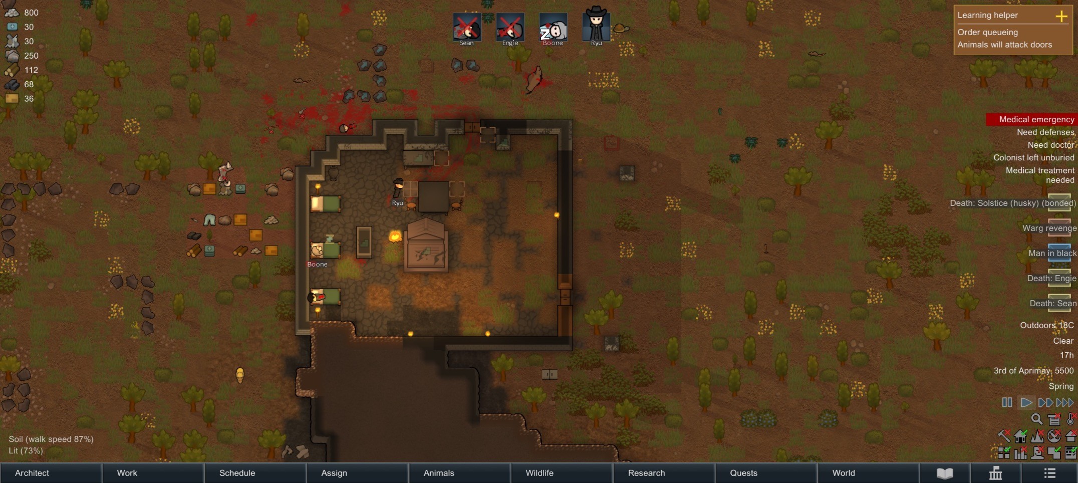 a brand new colony with two of three colonists and the one pet dead from a Warg attack. A man in black has arrived, attempted to rescue the colonists, and is now tidying up the colonists’ home