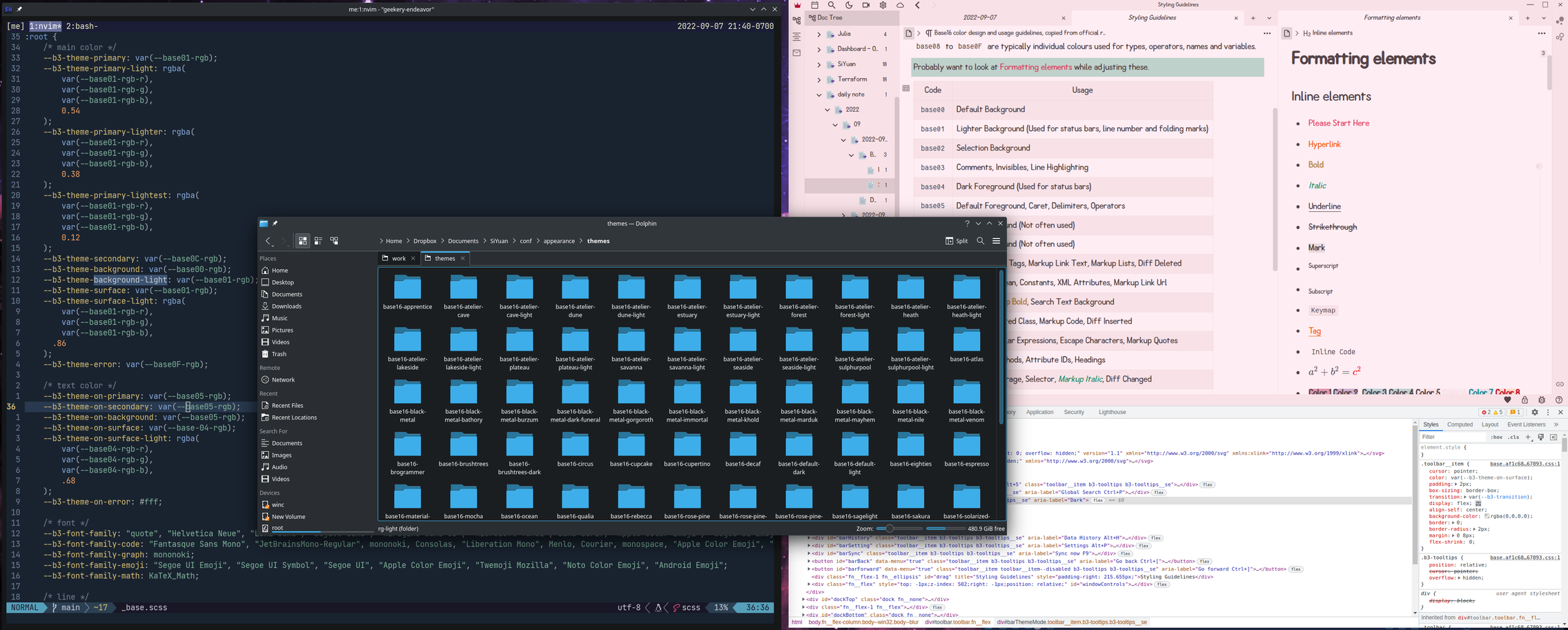 Note app with pink tints from Base16 “Sakura” and a terminal with some CSS open, and a file explorer with dozens of base16 theme folders for the notes app
