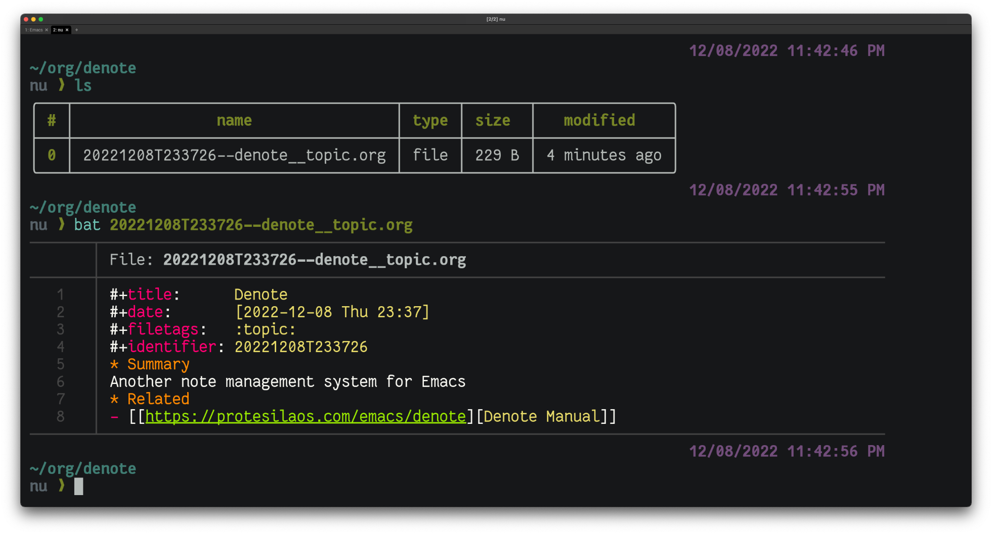 file listing that shows an org file recently created for denote and the contents of that org file
