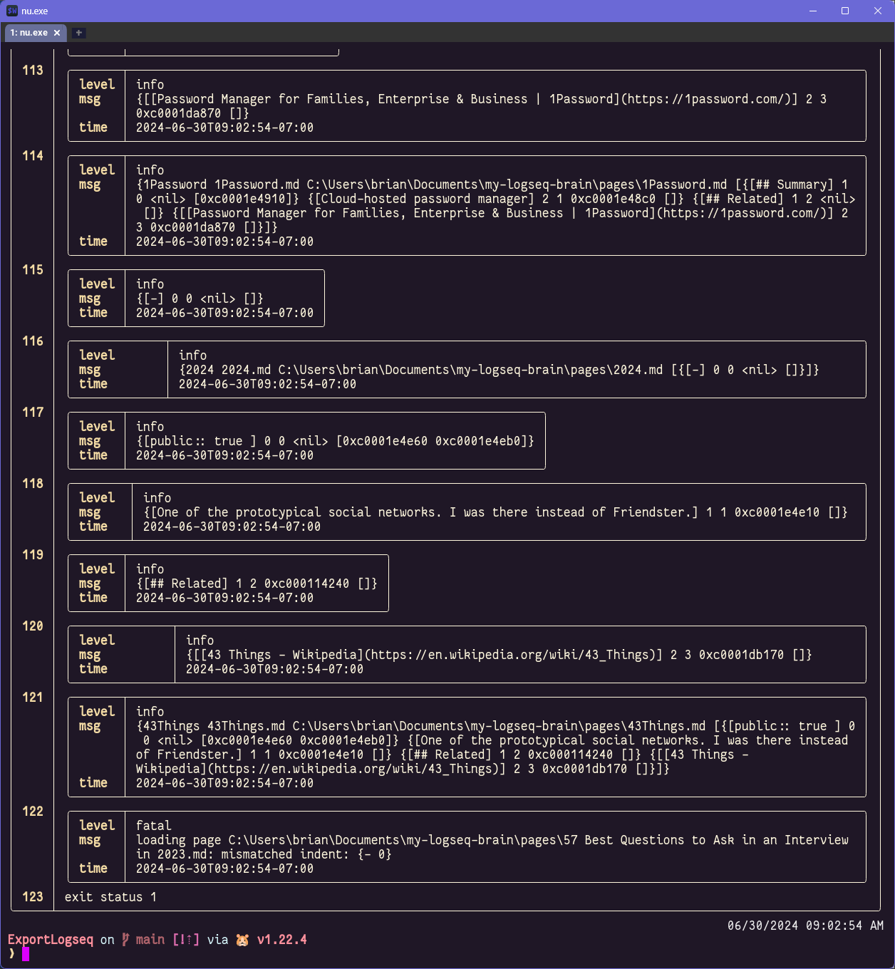 nushell table showing log output of a Logseq-processing program