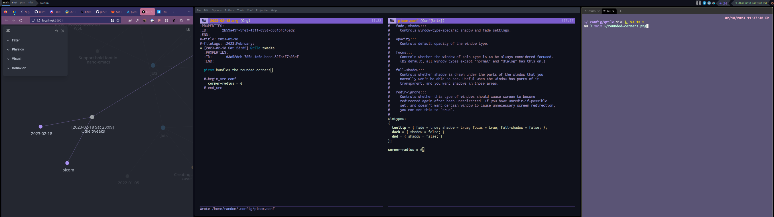 showing browser, Emacs, and terminal windows with slightly rounded corners after applying corner-radius = 6