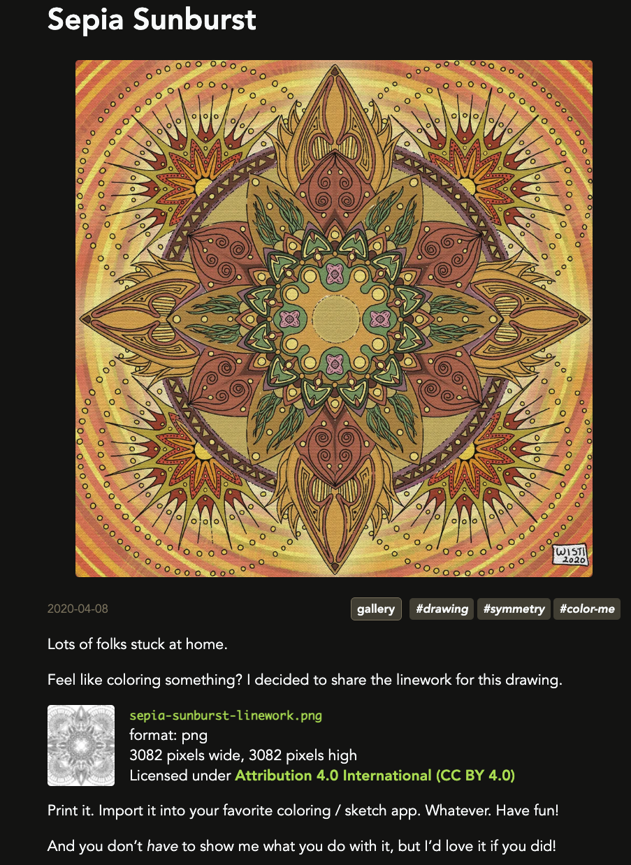 Blog post with my pretty and colorful drawing, with a link to download a linework version for coloring.