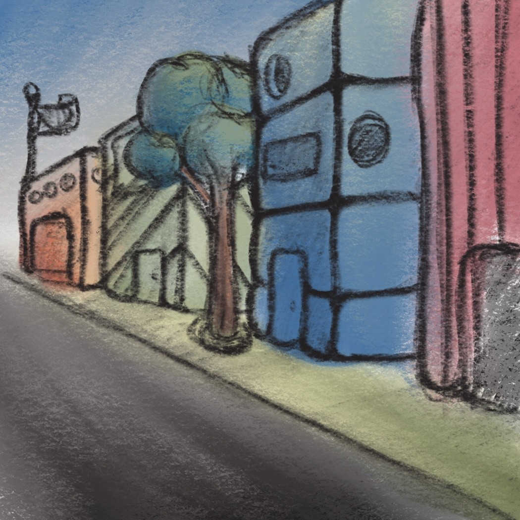 Cartoonish sketch of street scene
