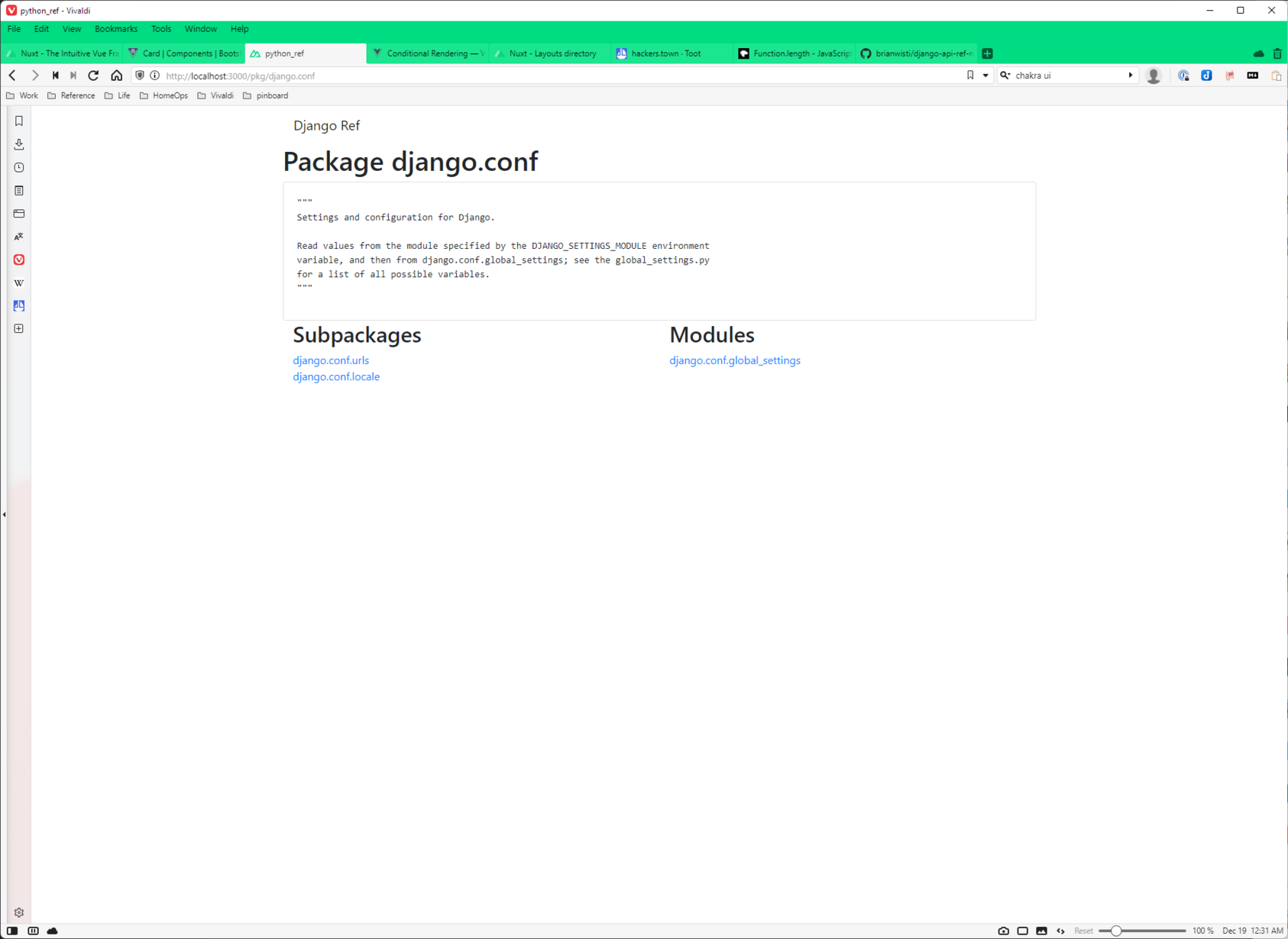 Screenshot of webpage with a django module, its docstring, and its subpackages and submodules in distinct lists.