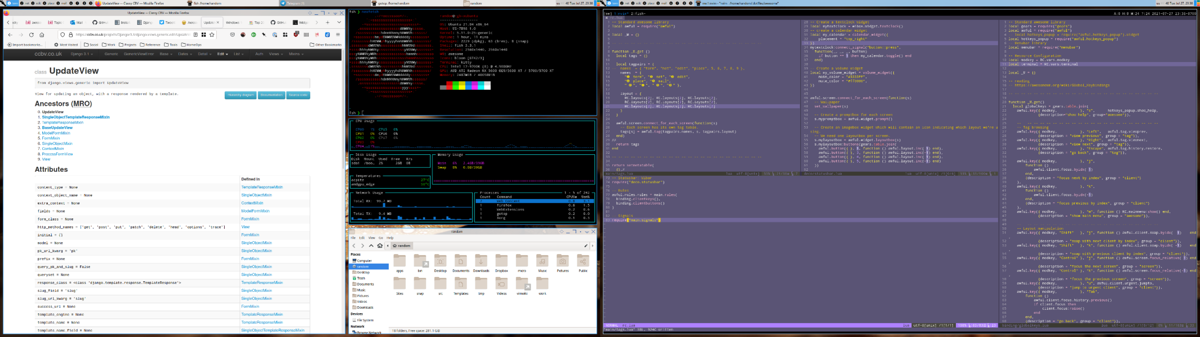 two-monitor screenshot of awesomewm desktop environment mostly with very boring nerdy stuff, but the vim theme is this lovely purple fairy floss style