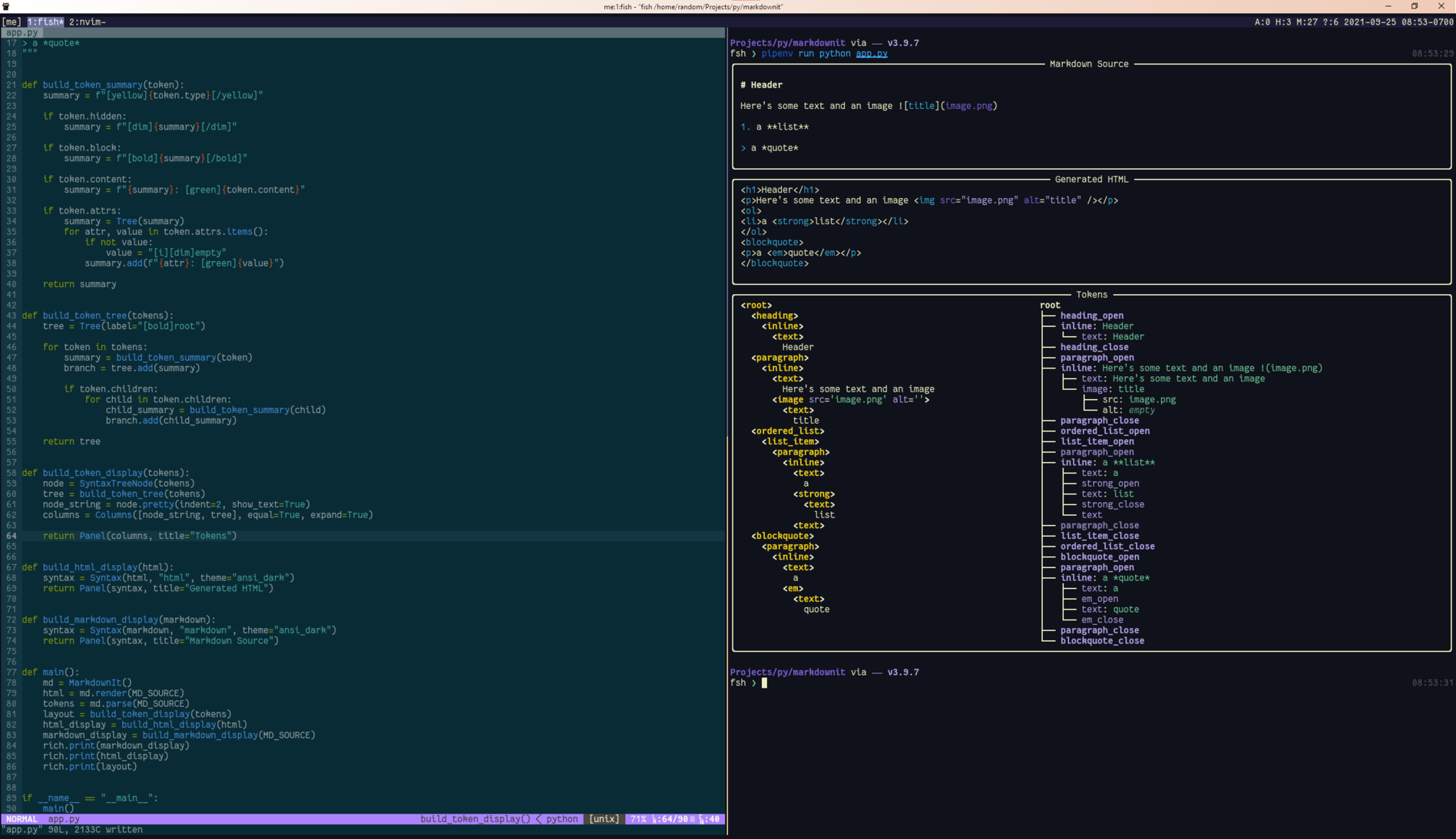 screenshot of split terminal; left half shows Python code; right shows richly formatted markdown source, html output, and multiple views of markdown-it-py parse tokens
