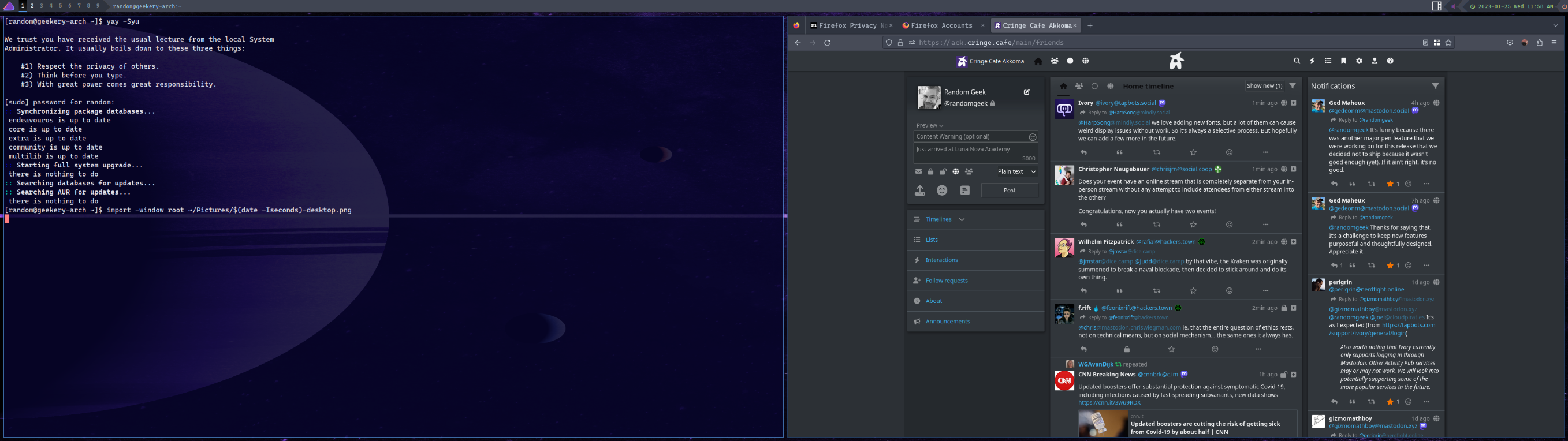 Tiled desktop with terminal in left half showing update status, and right half showing my Akkoma view in Firefox