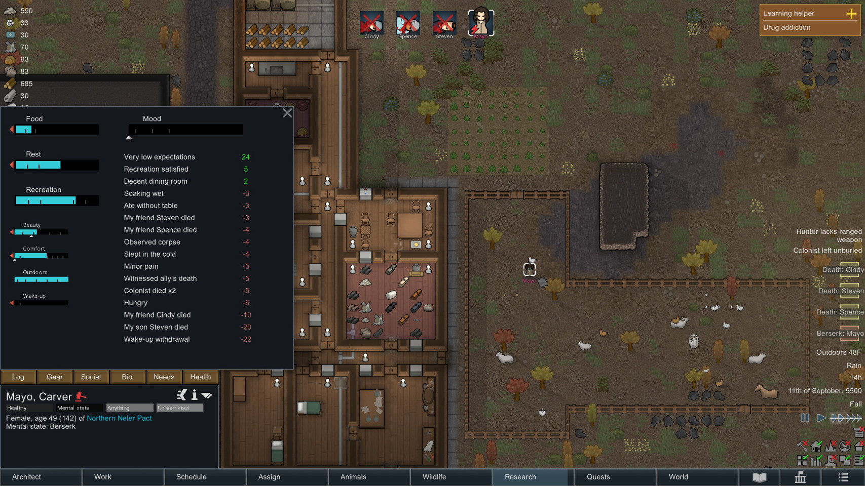 Rimworld screenshot with the one surviving character having a psychotic break in the animal pen