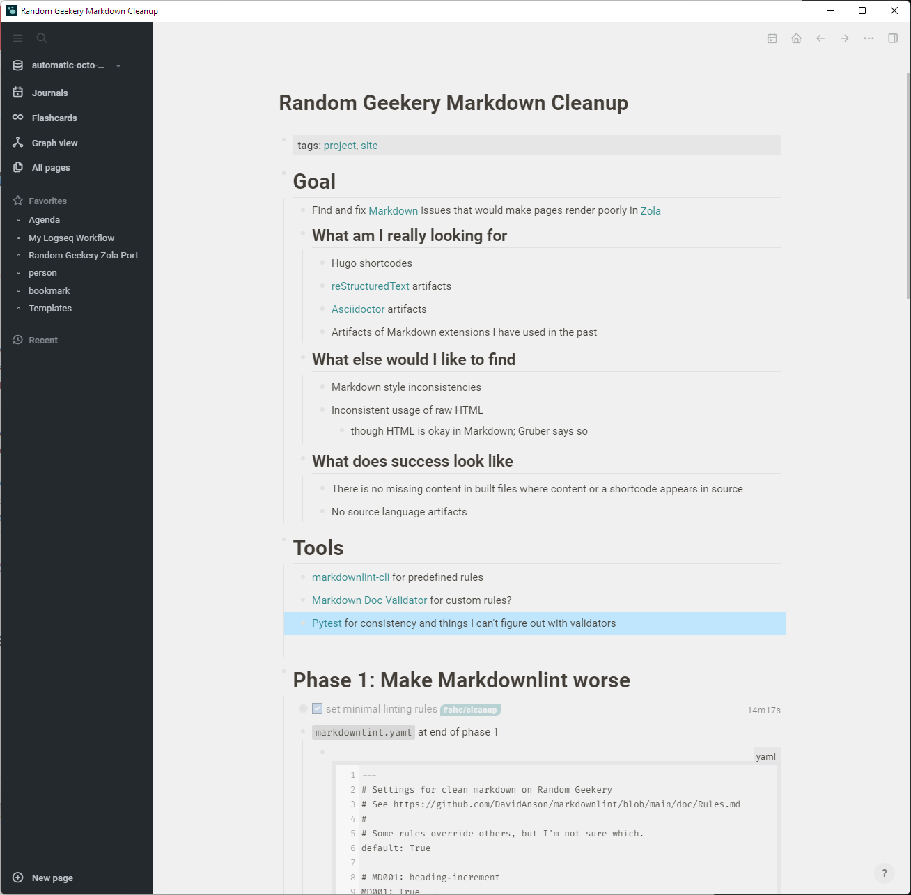 Screenshot of Logseq with notes for site markdown cleanup