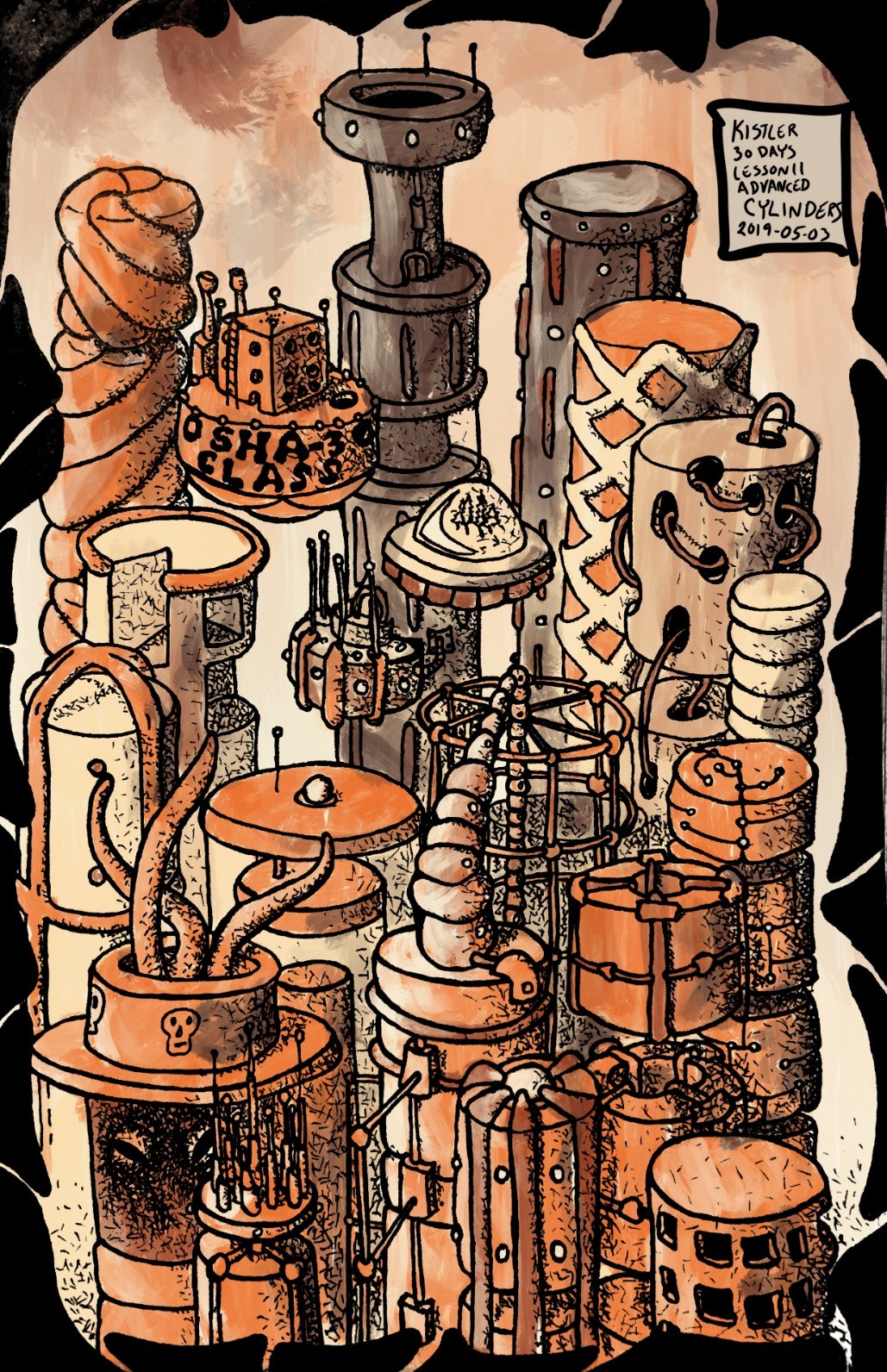 Pen sketch of cartoon towers, colored in browns