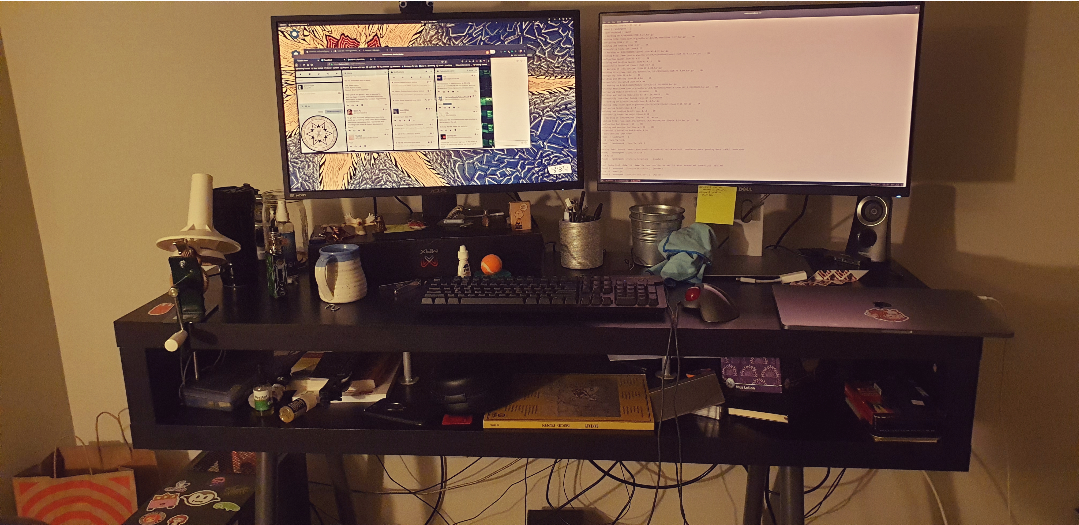 IKEA hack standing desktop with two monitors and lots of junk