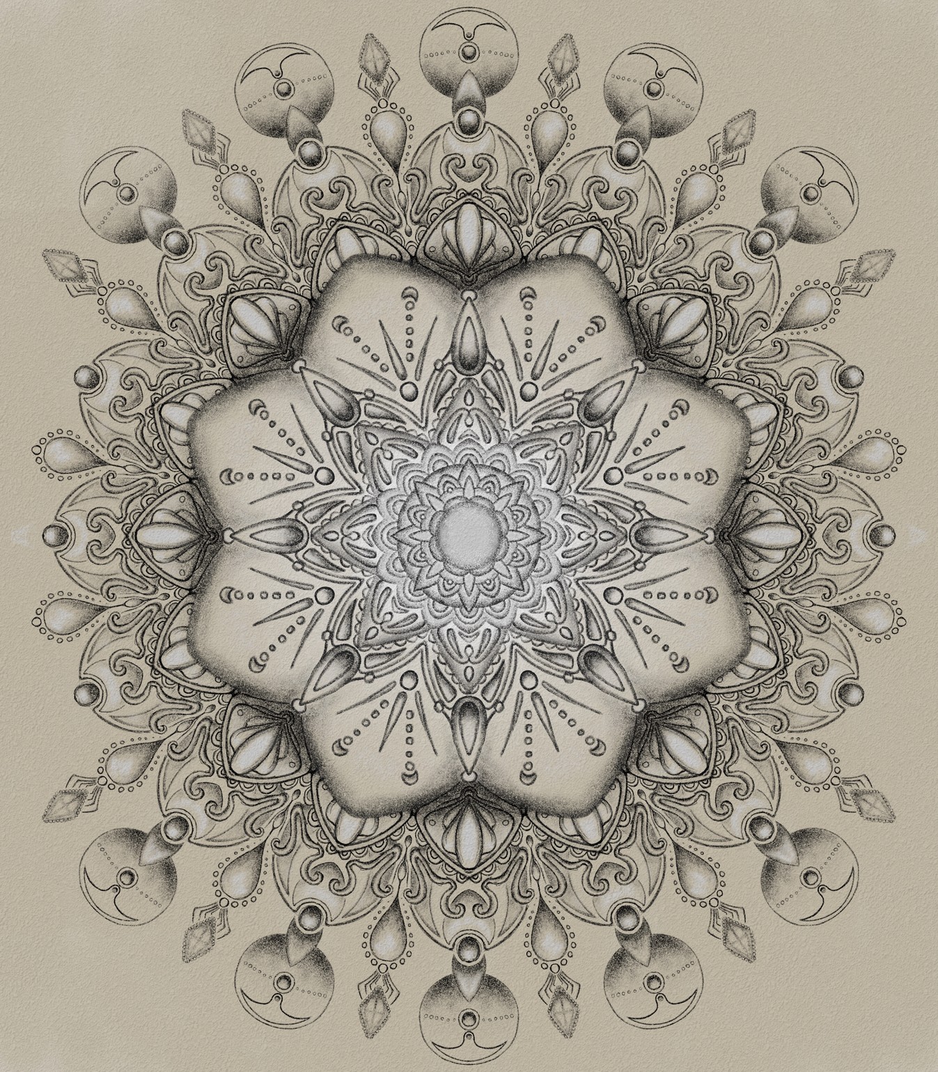 Kaleidoscope symmetry drawing with pencil-style shading