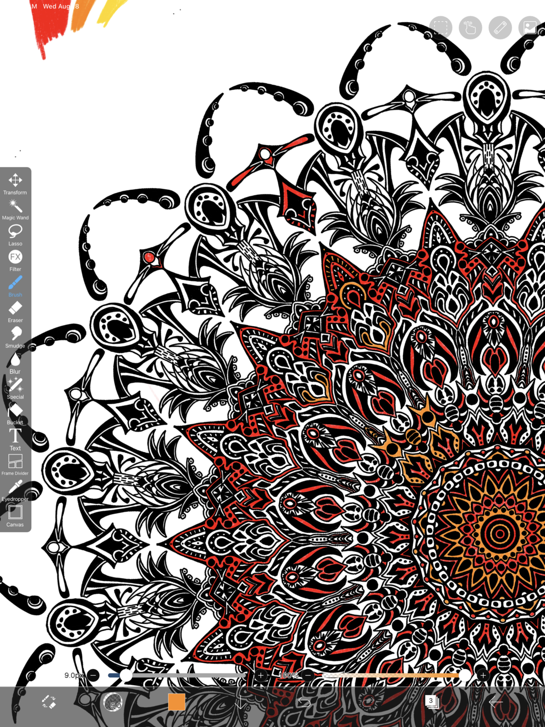 Screenshot of Ibis Paint zoomed in on section of radial symmetry pattern with orange and red colors