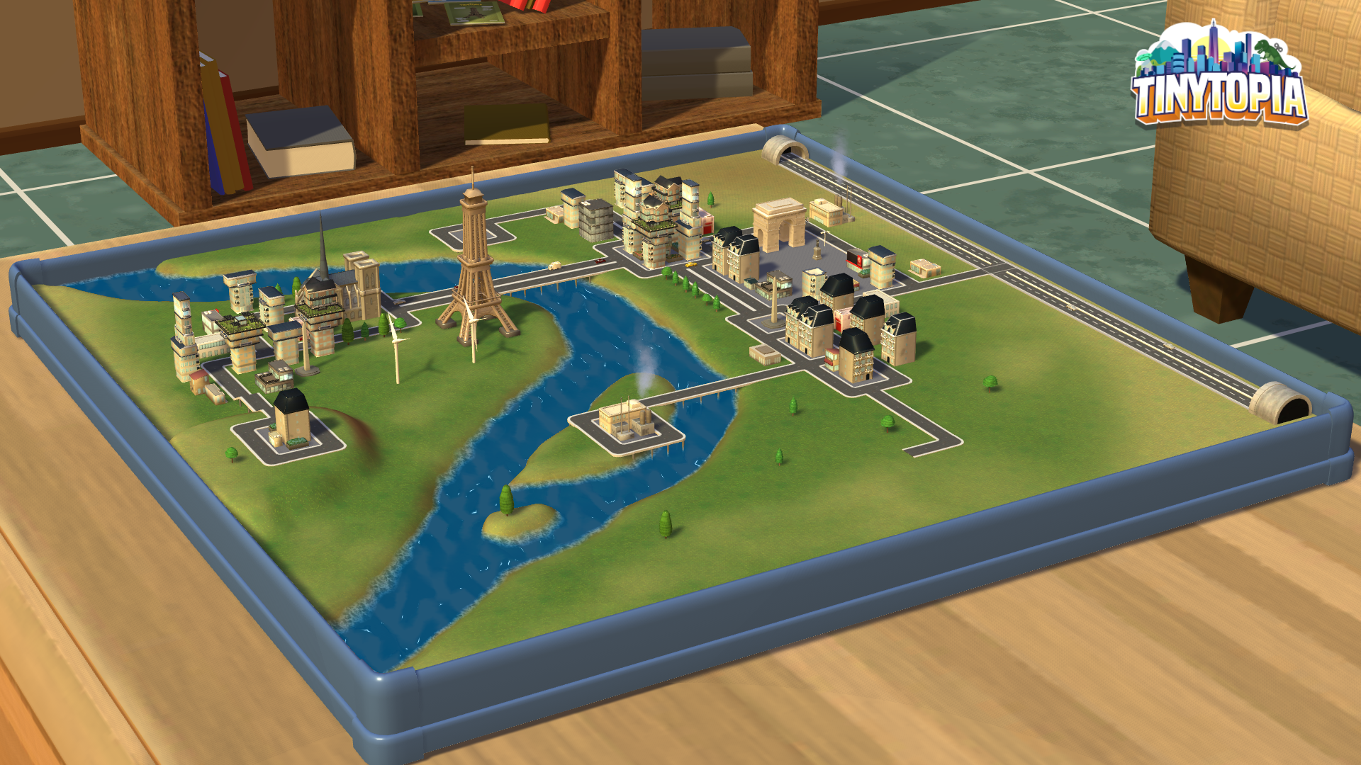 Screenshot of Tinytopia city builder game with Paris landmarks
