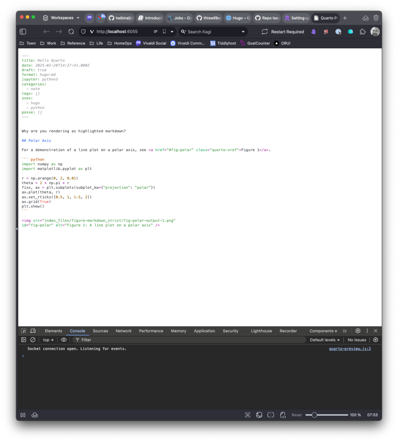 Browser showing preview mode of Quarto. Instead of a Web page with content and a data plot, it’s showing the markdown source of that page, with Markdown and code elements syntax highlighted. Included is the text line “Why are you rendering as highlighted markdown?”