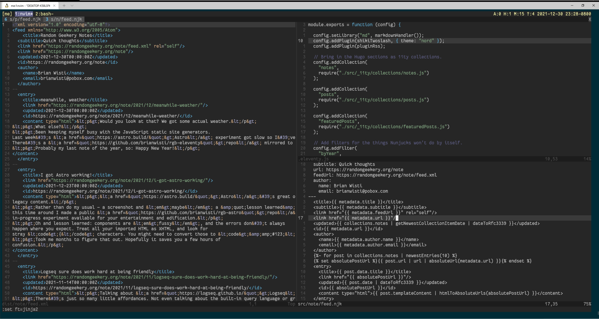 screenshot of vim session showing eleventy config, a feed template, and Atom feed output