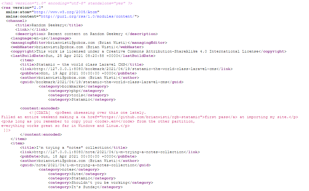 screenshot of XML RSS feed