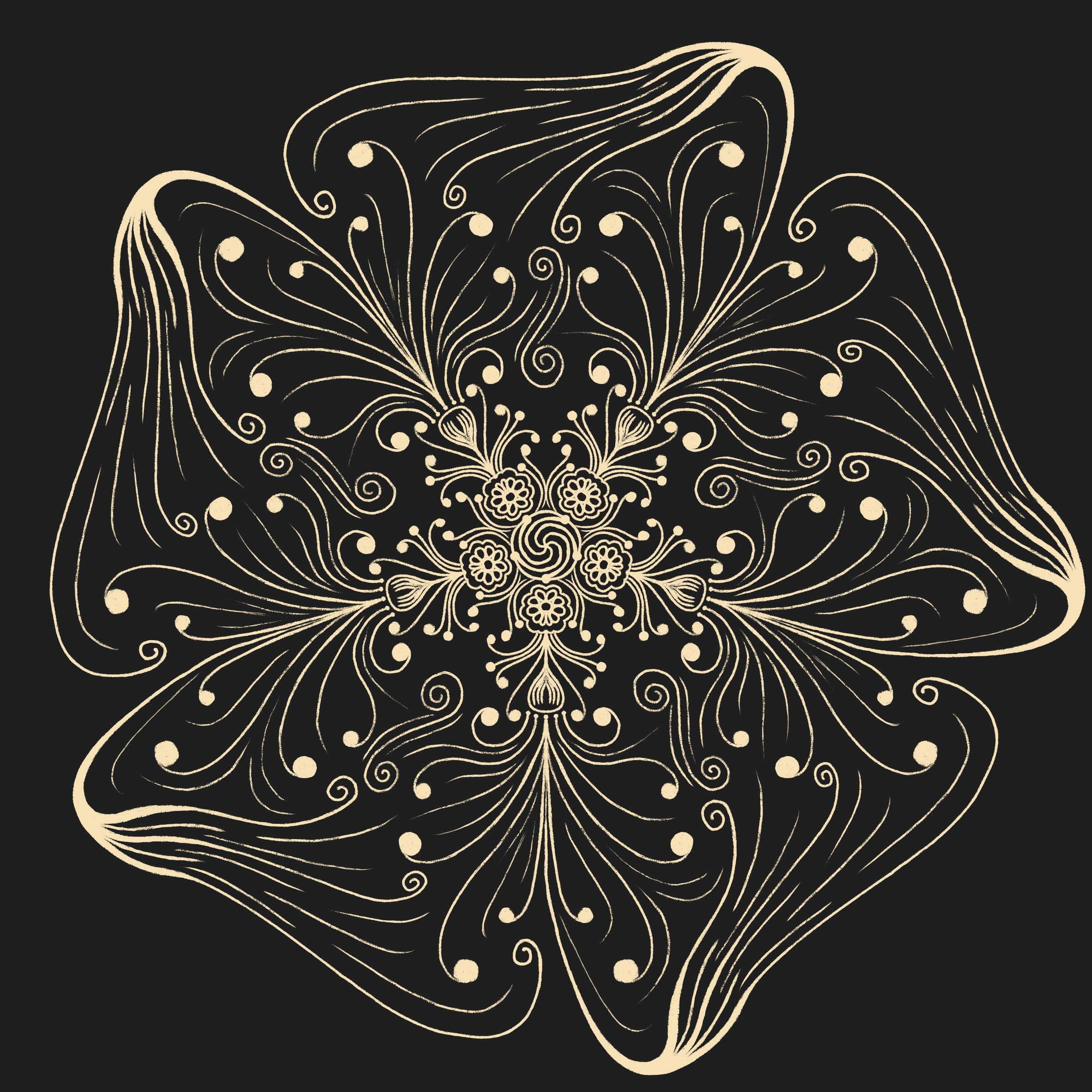White symmetry line drawing with floral touches