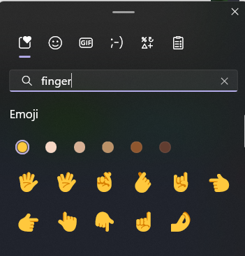 Windows 11 emoji dialog searching for “finger” with many hand emojis in results but none with middle finger raised