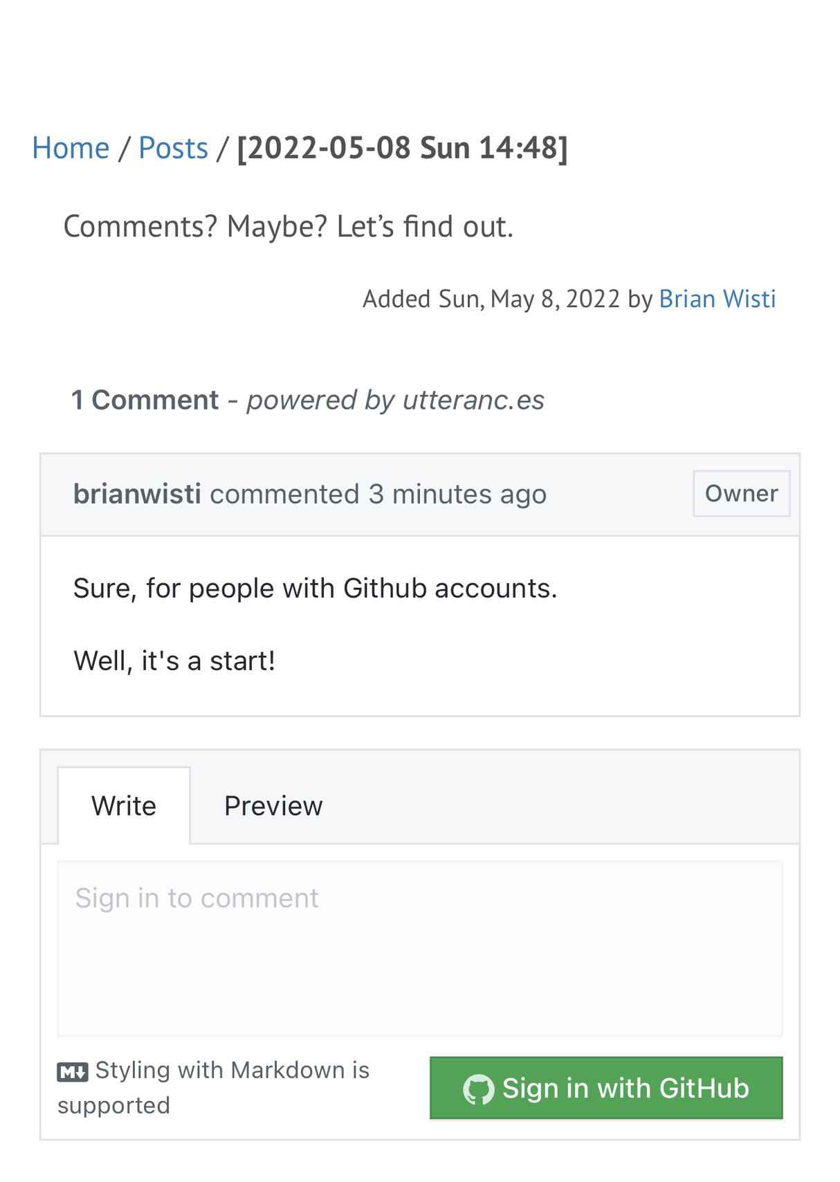 Screenshot of me commenting on my own note