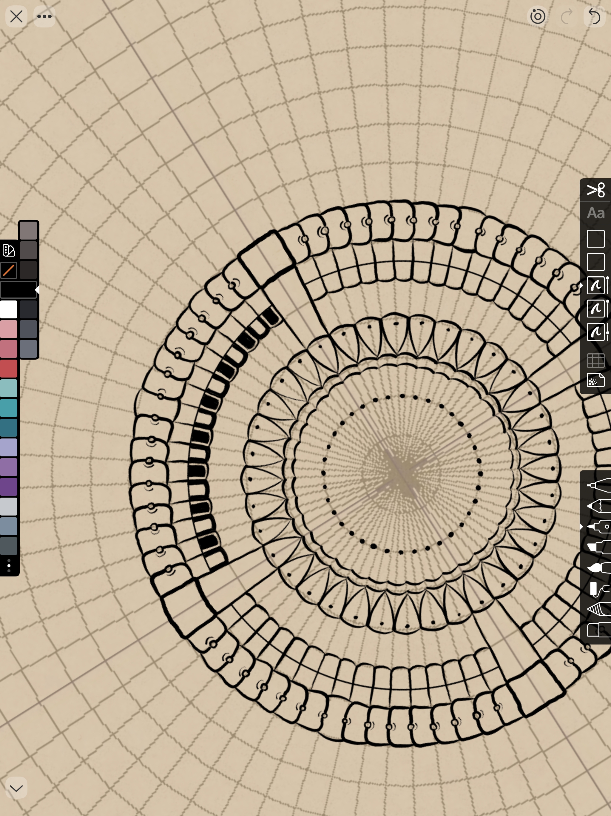 Mandala-style circular line drawing in progress